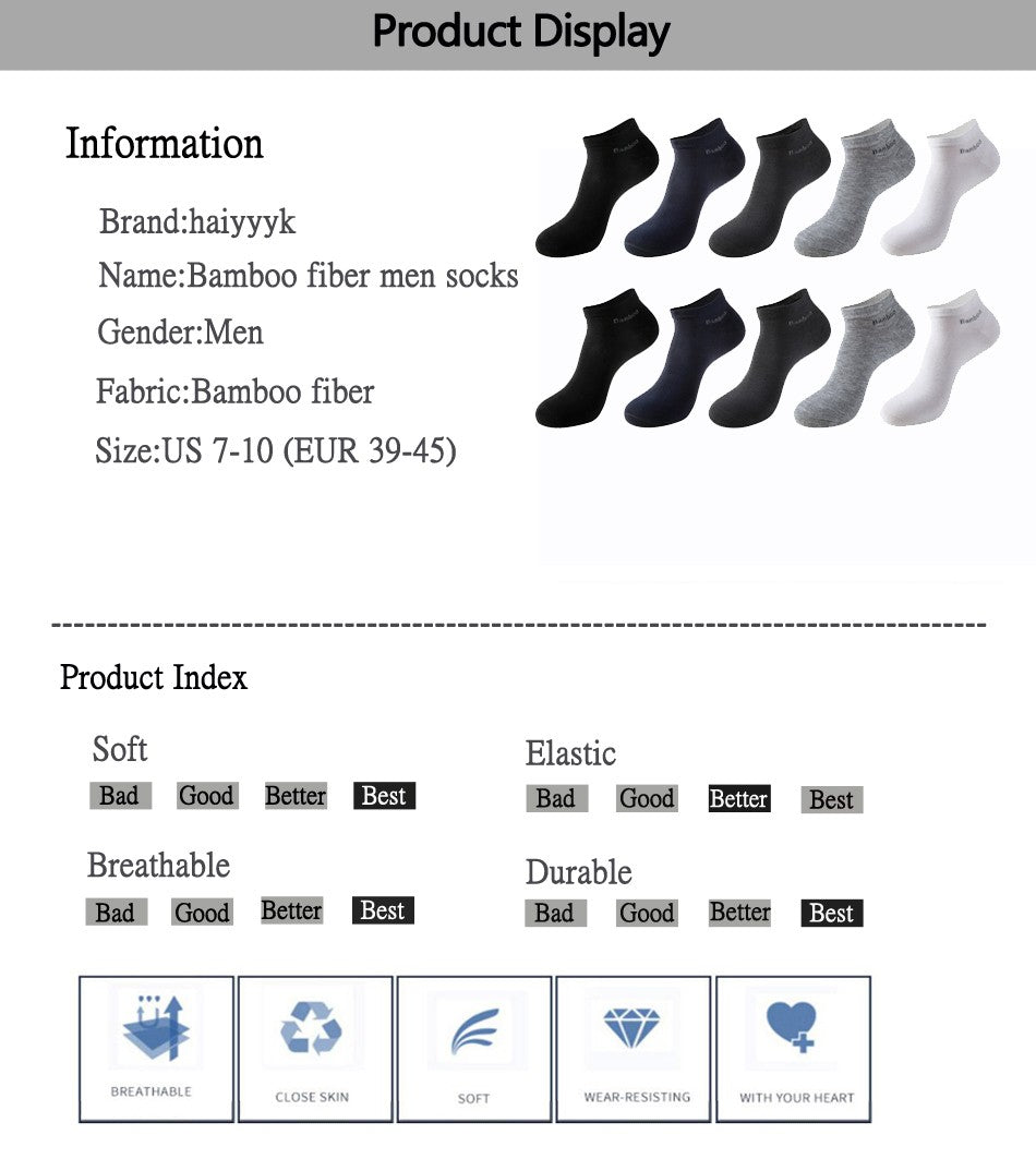 10 Pairs / Pack Men's Bamboo Fiber Socks Short High Quality New Casual Breatheable Anti-Bacterial Man Ankle Socks Men