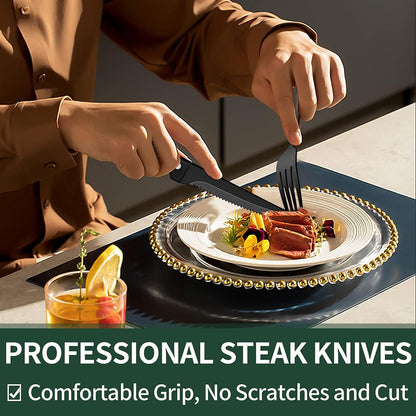 Conjunto de Talheres Pretos com Facas de Carne, Conjunto de Talheres para 4 Pessoas, Louça de Grau Alimentício, Conjunto de Talheres, Conjunto de Utensílios com Acabamento Espelhado