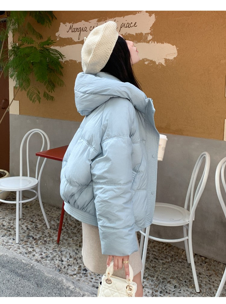 Korean Winter Women Black Beige Hood Zipper Down Jacket Ladies Blue Single Breasted Short Warm Thick Bread Coat Streetwear Trend