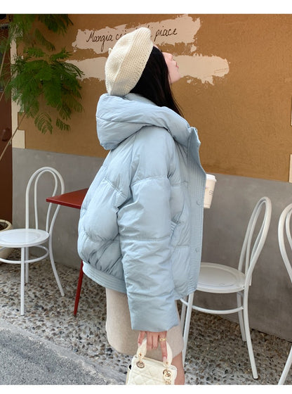 Korean Winter Women Black Beige Hood Zipper Down Jacket Ladies Blue Single Breasted Short Warm Thick Bread Coat Streetwear Trend