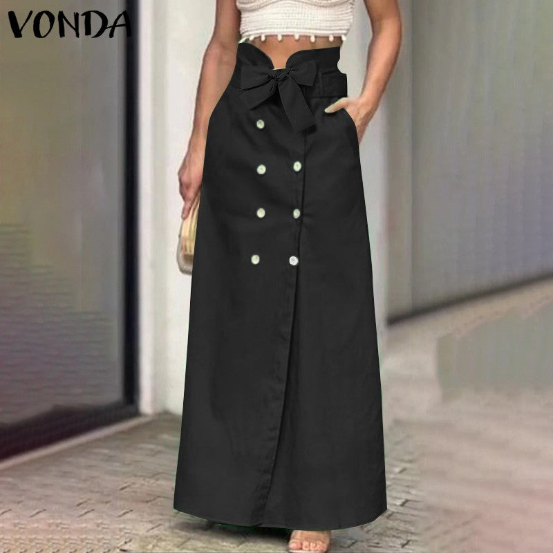 VONDA Plus Size 5XL Women Elegant Fashion Maxi Skirts 2024 Solid Color Bow Belt Casual Buttons Long Skirts Pockets Loose Bottoms