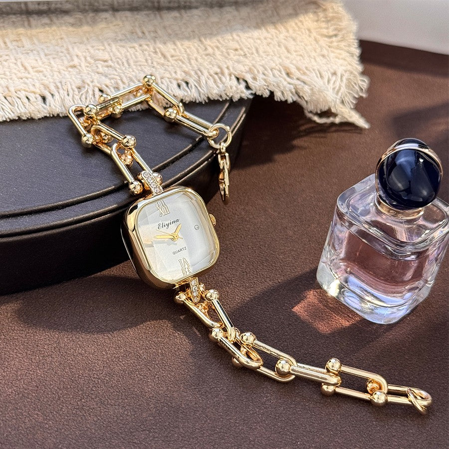 Luxury Minimalist Bracelet Watch Creative Square Multi-Faceted Glass Quartz Movement Chain Mid-century Small  High-End Acces