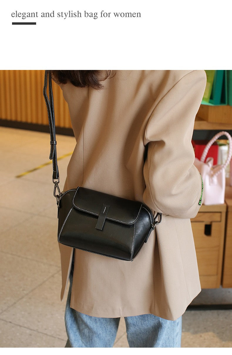 Oil Wax Cowhide Genuine Leather Crossbody Small Bag for Women Fashionable Versatile Shoulder Shell Handbag Lady Casual Phone Bag