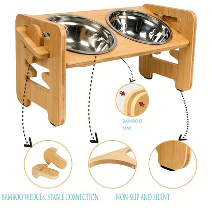 Suporte de Tigela Ajustável para Pets com 6 Posições, Tigelas Duplas de Bambu para Comida e Água de Cães e Gatos, Comedouro Elevado para Cães e Gatos de Pequeno, Médio e Grande Porte