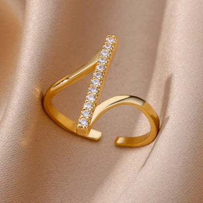 Anéis de Aço Inoxidável Banhados a Ouro com Cristal para Mulheres Corrente Geométrico Zircônia Anel de Dedo Joia Presente anillos mujer 2025 Novo e Moderno