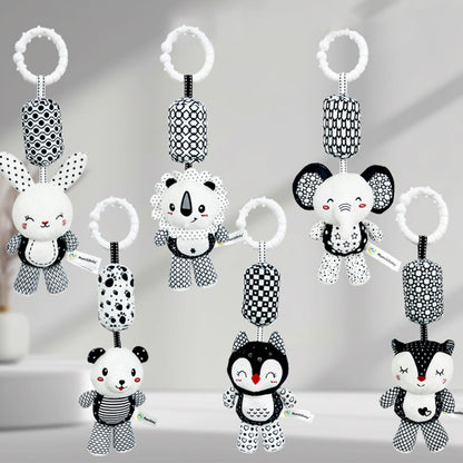 Stroller Bed Crib Hanging Bell Plush Doll Baby Infant Rattles Newborn Black White Visual Grab Ability Training Toy for Bebe Gift