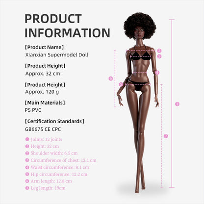 Xianxian Doll 32cm GALA ELARA BJD Supermodel Charcoal Skin Afro Straight Wavy Wig Set Limited Collector Birthday Gift