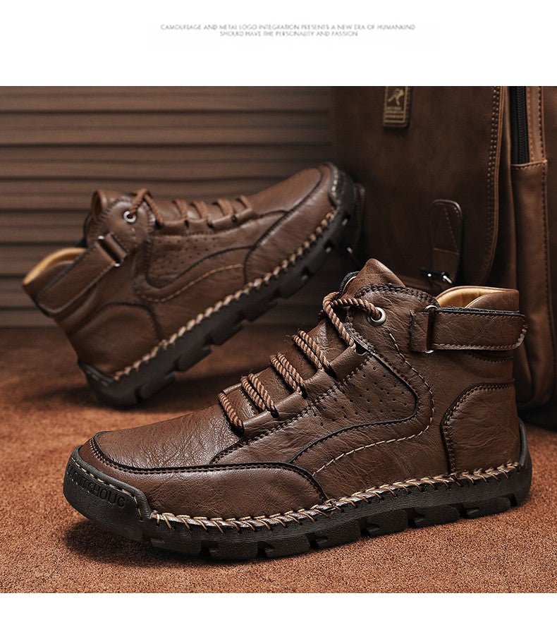 Botas masculinas costuradas à mão, sapatos casuais plus size, botas confortáveis e macias, botas antiderrapantes para uso externo
