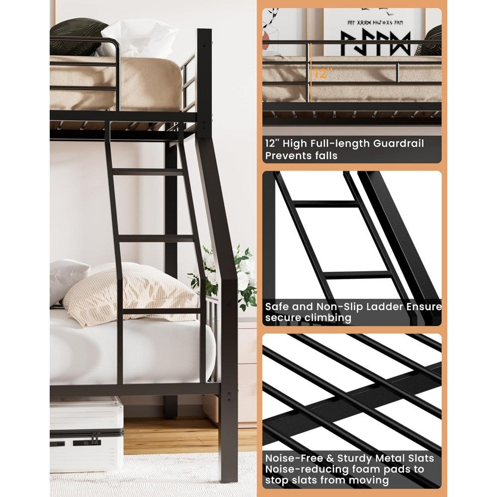 Twin XL Over Queen Bunk Bed, Heavy Duty Bunk Bed with Safety Ladder and Full-Length Guardrails, Metal Queen Bed Frame
