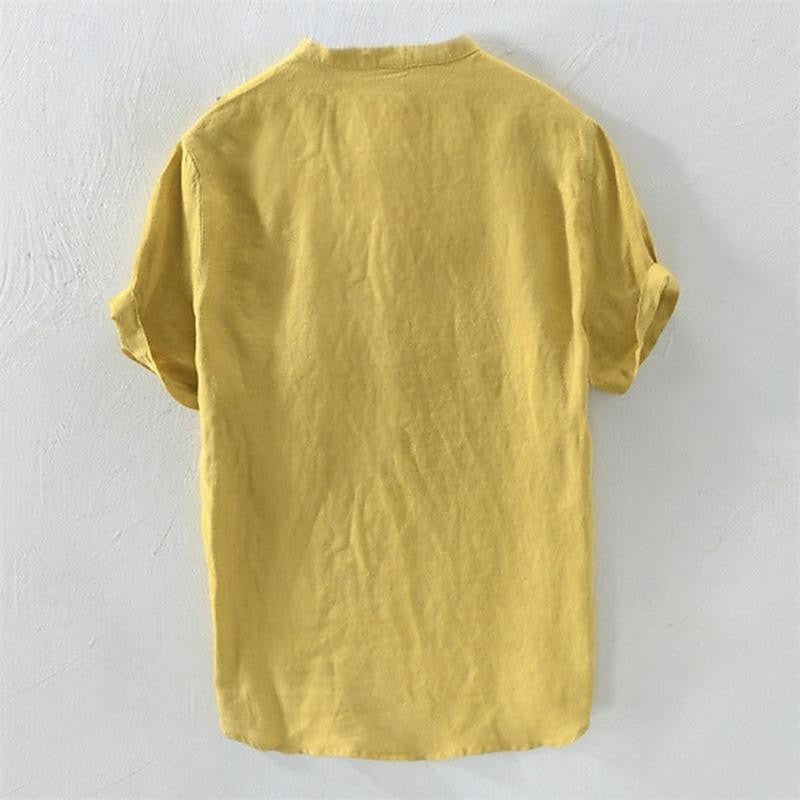 Hawaiian Men's Henley V Neck Short Sleeve Pocket Top Solid Color Fashion Shirt Men's Tops 100% Cotton and Linen Men's T-Shirt