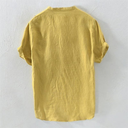 Hawaiian Men's Henley V Neck Short Sleeve Pocket Top Solid Color Fashion Shirt Men's Tops 100% Cotton and Linen Men's T-Shirt