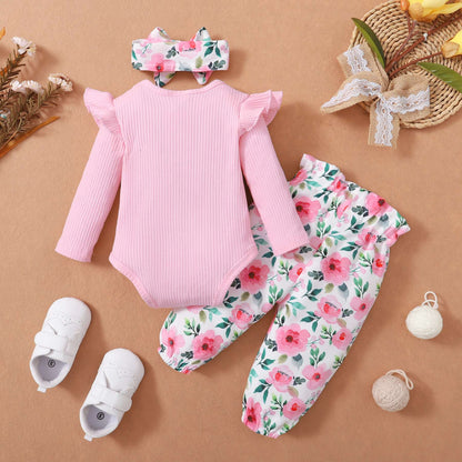 0-18M Baby Girl Pink Clothes Set Spring&Autumn Clothing Long Sleeve Bodysuit+Floral Pants+Headband 3PCS Toddler Fashion Outfits
