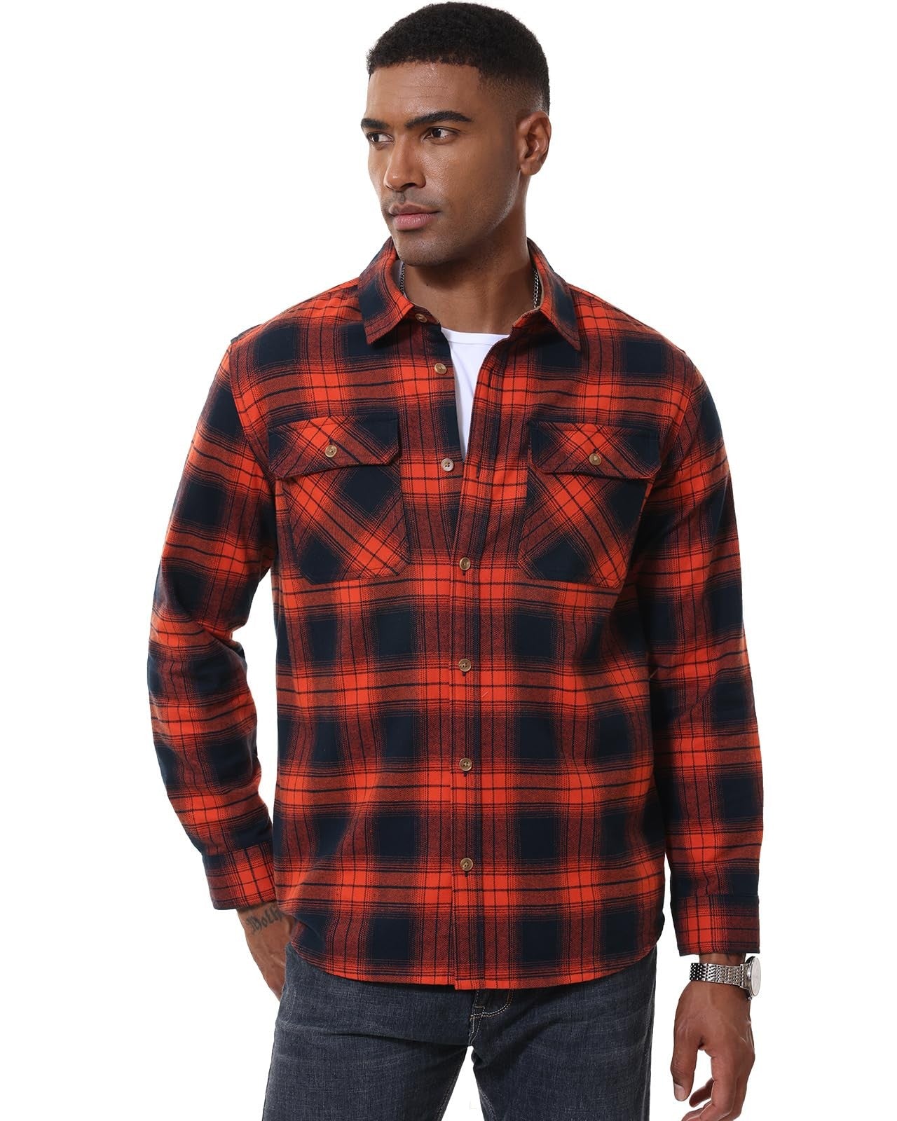 MAGCOMSEN Flannel Shirts Men's Long Sleeves Cotton Long Sleeve Plaid Shirt with 2 Pockets Button Down Casual Corduroy Shirt Male