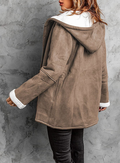 Coats Women Wool Thick Hooded Coat Pockets Single Breasted Full Sleeve Splice Jackets Warm Casual Blend Regular Autumn Winter