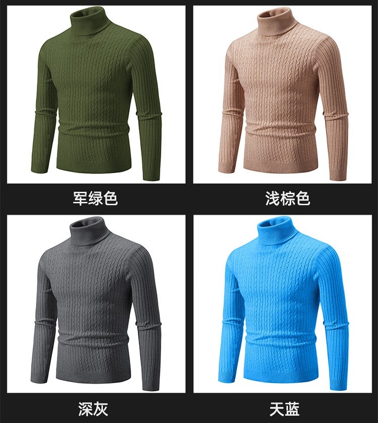 Autumn and Winter Men's Sweater Thin Elastic Fine Knitted Warm Top Versatile High Neck Solid Color Tight Fitting Pullover Top