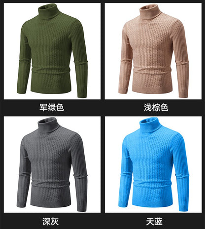 Autumn and Winter Men's Sweater Thin Elastic Fine Knitted Warm Top Versatile High Neck Solid Color Tight Fitting Pullover Top