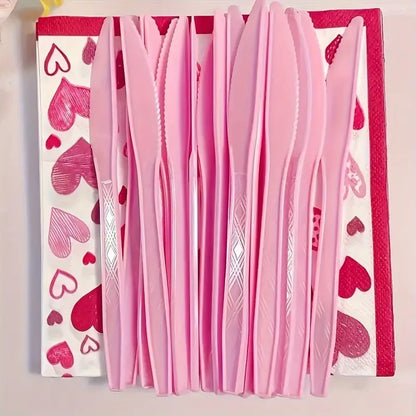 Conjunto de 75 Garfos, Colheres e Facas Rosas Reutilizáveis | Lavável, Talheres de Plástico para Festa
