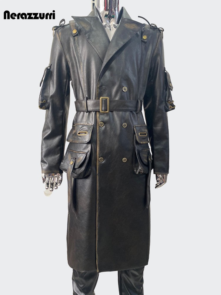 Nerazzurri Spring Autumn Cool Long Waterproof Distressed Black Pu Leather Trench Coat Men Belt Pockets Luxury Designer Clothes