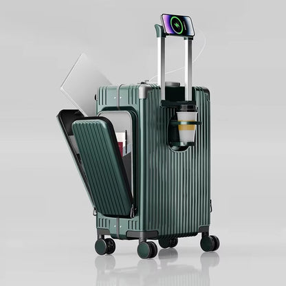 Tri-Zone Access Opening Suitcase Aluminum Frame PC Material Travel Case with Spinner Wheels Cup Holder TSA Lock Rolling Luggage