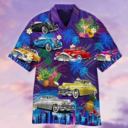 Men's Hawaiian Shirt Car Graphic Print Shirts Men Fashion Casual Beach Blouse Vocation Lapel Motorcycle Camisa