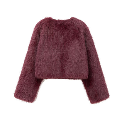 Women's Thick Warm Faux Fur Cropped Jacket, O Neck, Long Sleeve, Female Outerwear, Chic Tops, Fashion