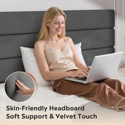 Full Size Upholstered Bed Frame, Velvet Square Tufted Headboard,Sturdy Metal & Wooden Slats Support, No Box Spring Neede