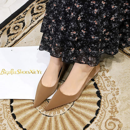 New Big Size Women's Boat Shoes Leather 4.5cm High Heels Pointed Toe Pumps Stilettos Basic Pump For Female White Black Wine Red