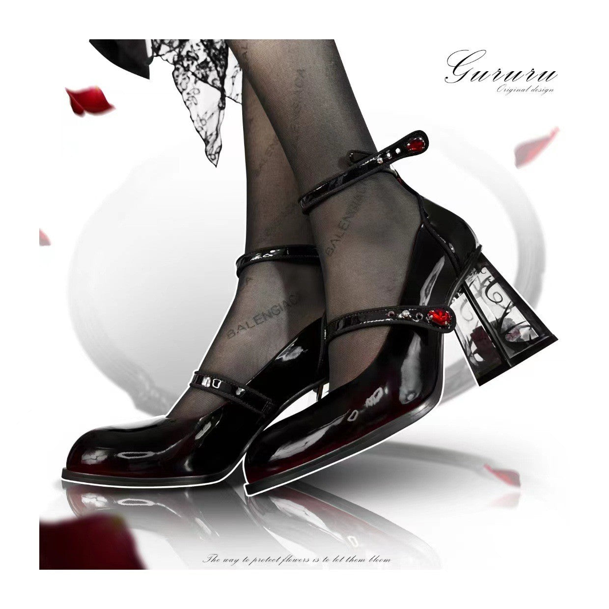 New 2024 Punk Gothic High Heels Pumps Women Rose Heeled Patent Leather Lolita Shoes Woman Y2K Ankle Straps Black Mary Jane Shoes