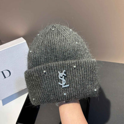 Rhinestone Decor Rabbit Fur Knitted Hat Warm Ear Flap Beanie for Women Luxury Soft Slouchy Cap Face Slimming Design
