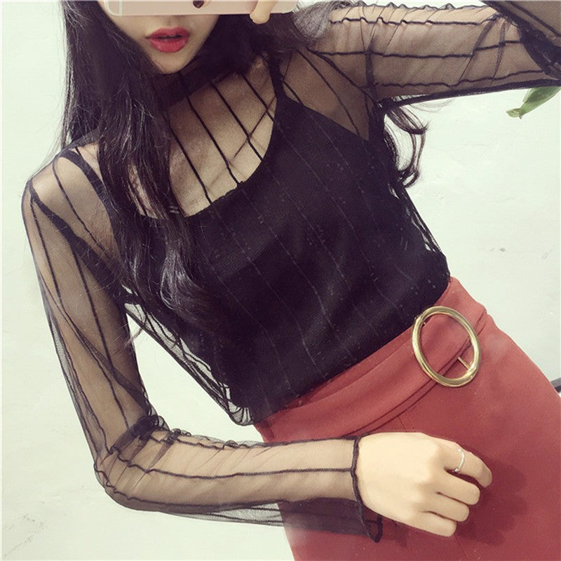 Women's Sexy Mesh Sheer Lace Blouses Perspective Long Sleeve Stand Collar Mesh Tops Striped Polka Dot Stars Party Tee Blouses