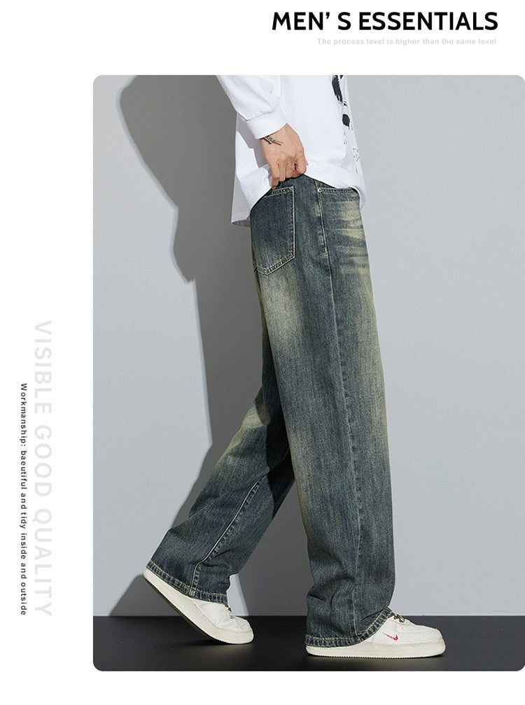 Calças Jeans Masculinas Folgadas de Algodão Perna Larga Retrô Estilo Urbano Coreano Reta Lavada Calças Jeans de Marca de Alta Qualidade