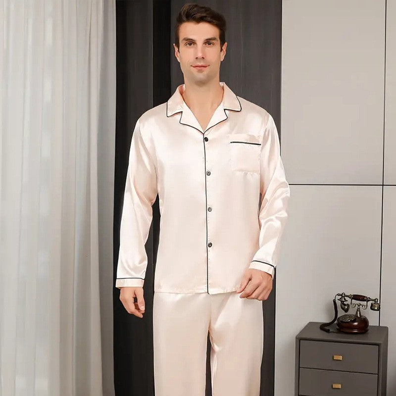 2PCS/Set Plus Size Solid Long-Sleeved Pyjamas Men Spring and Autumn Silk Sleepwear Homewear Cardigan Lapel Trousers Nightwear