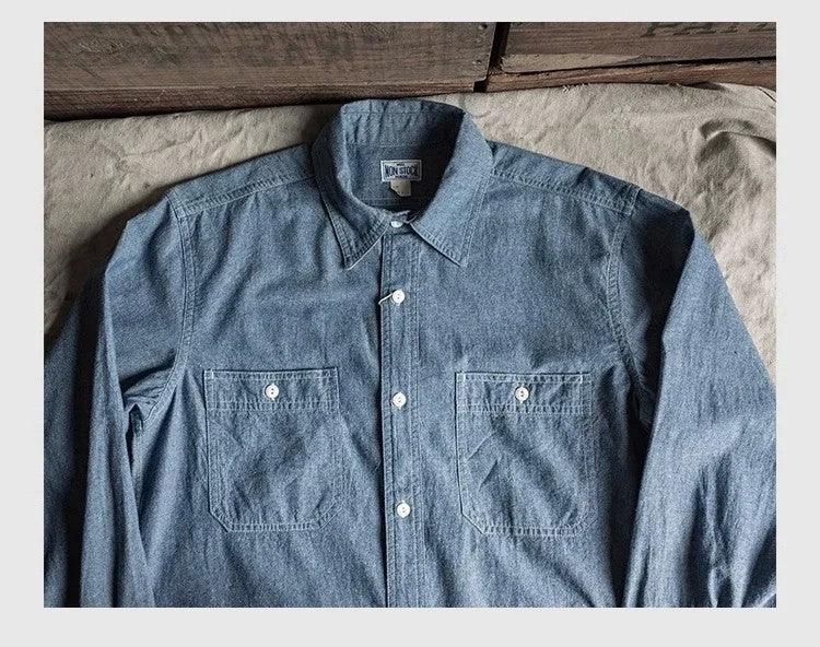 Non Stock Classic Chambray Shirt Spring Men's Two-Pocket Workshirt Light Blue