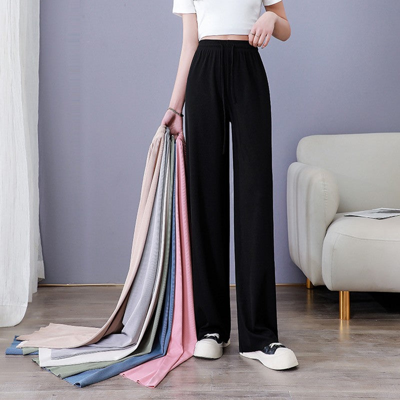 Ice Silk Wide-Leg Pants Women Cool Sweatpants Summer Thin Pleat Loose Straight Pants Office Lady Casual Drawstring Long Trousers