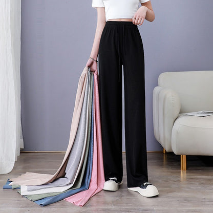 Ice Silk Wide-Leg Pants Women Cool Sweatpants Summer Thin Pleat Loose Straight Pants Office Lady Casual Drawstring Long Trousers