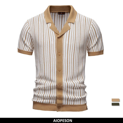 AIOPESON 2025 Men's Striped Mesh Polo Shirt - Breathable Contrast Panel Knit Top with Turn-Down Collar