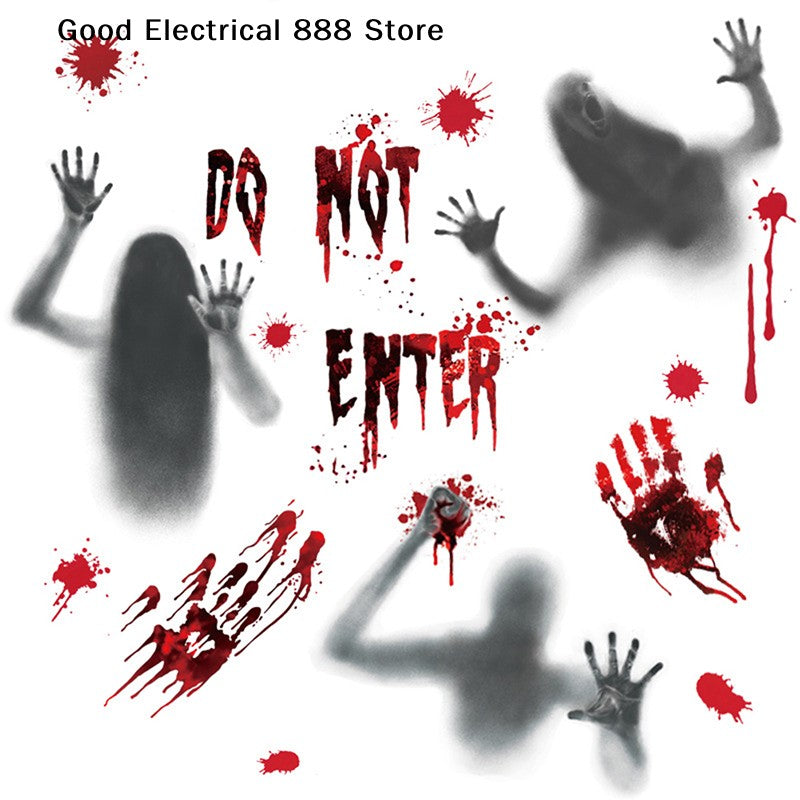 ?G?Halloween Stickers Horror Blood Hand Print Door Stickers Window Bathroom Shadow Glass Female Ghost Wall Decal Halloween Decor