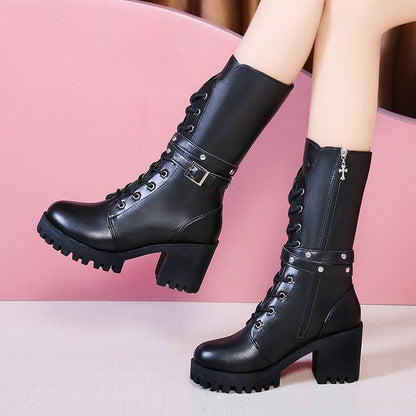 Winter New Solid Color Thick Sole Increase Buckle Design Model Boots Round Head Square Heel Non-slip Women's Mid-calf Boots