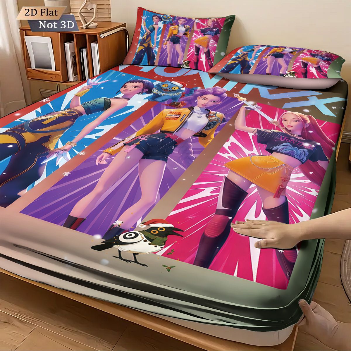 Conjunto de Lençóis Sem Lascas Estampados K-Pop Demon Hunters com 3 Peças e Vários Tamanhos de Capa de Cama Decoração de Cama Lavável à Máquina