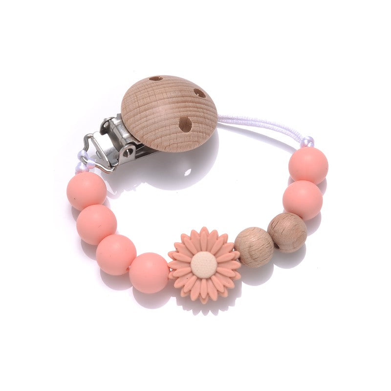 Baby Beech Round Wooden Clips Flowers Silicone Beads Pacifier Chain For Teether Nursing Toys Handmade Dummy Holder BPA Free