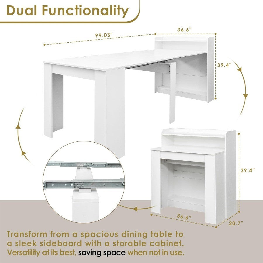 DMAITH 2099 White Extendable Dining Table with Storage for 210 People Modern Modular Extension Table SpaceSaving Extra Long Fol