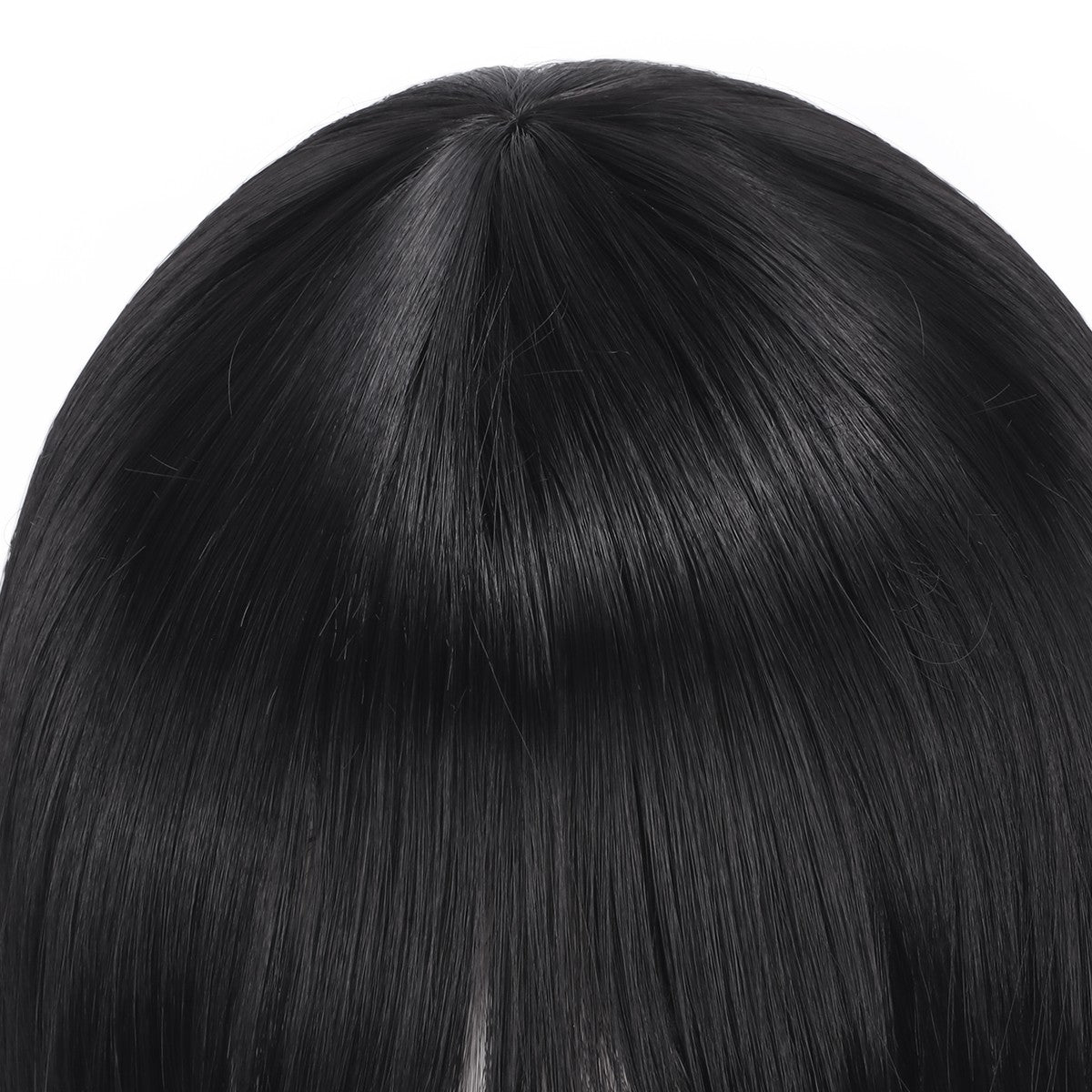 O artista de perucas para cosplay, como Qiao Ling, agente da Cao Tai Time, tem um penteado de flor de pera preta e uma peruca de fibra sintética.