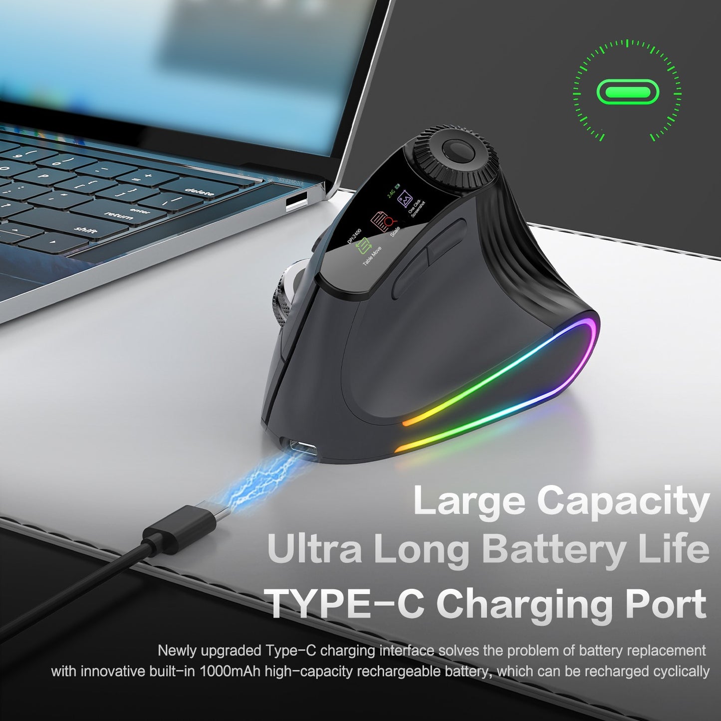 Mouse Vertical Sem Fio Jomaa RGB Retroiluminado Speed Roller com Botão de Ajuste de Função Bluetooth USB Ergonômico Click Silencioso