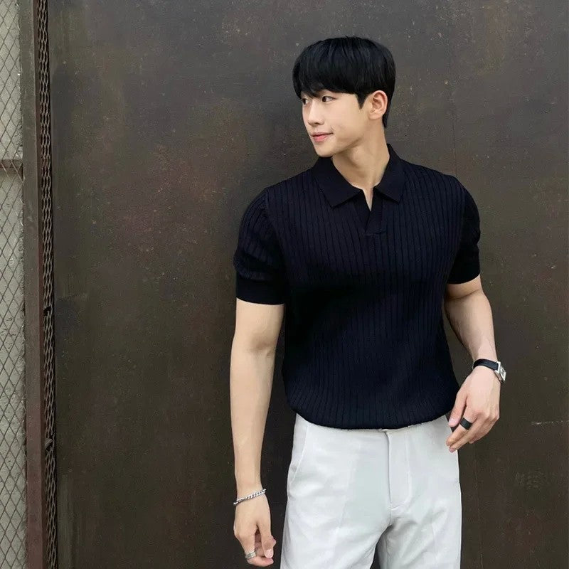 Trendy Polo Shirt For Men Summer Solid Color Top Versatile Knit Style Korean Short Sleeves Casual Fashion T-shirt