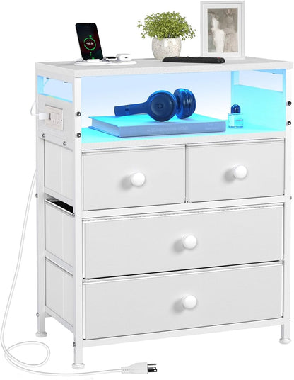 Nightstand with Charging Station, Bedside Table with 4 Drawers and 2-Tier Shelf, Modern End Table with Wooden Top for Bedroom