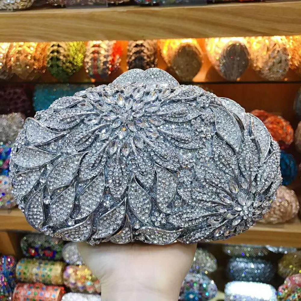 XIYUAN women red/pink/blue/gold/silver Hollow Out Flower Birthday party Crystal Evening bag Clutch purse Minaudiere Handbags