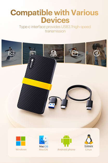 KODAK X200 External SSD Hard Drive HD Externo USB3.1 and Type- Mini Portable SSD 256B 512GB 1TB For Laptops Smartphone PS4 PC TV