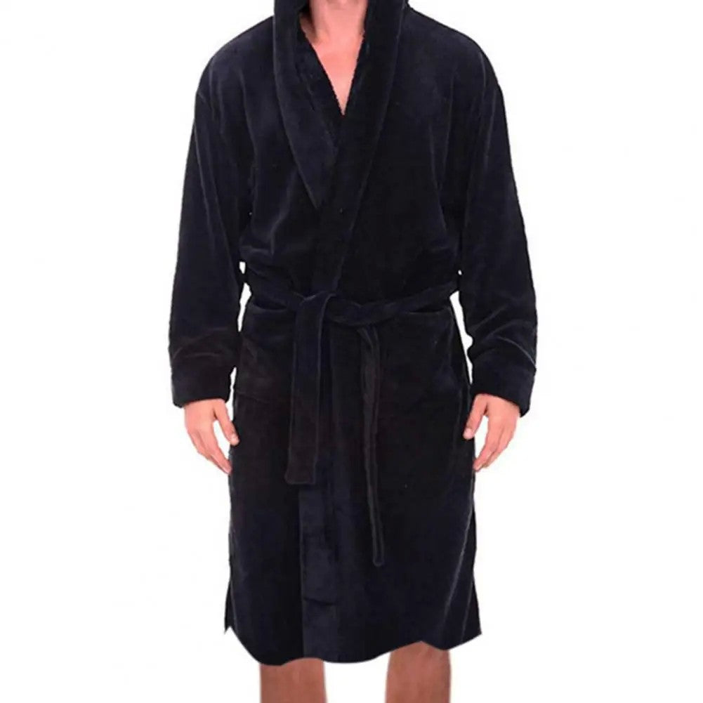 Belt Flannel Bath Robe for Men Hooded Pockets Warm Men Nightgown Men Plush Bathrobe Sleepwear Home Clothes Loose Pajamas Robe