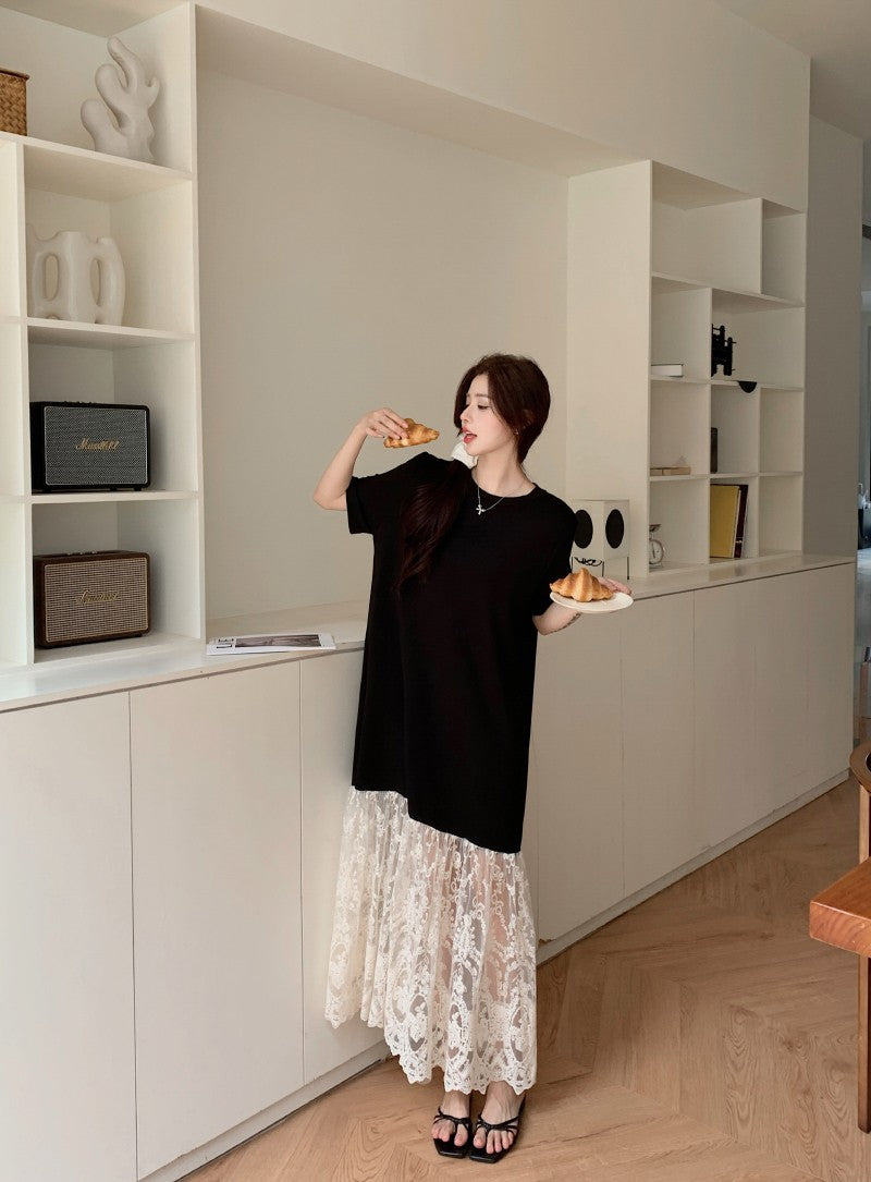 NYFS plus Size Women's Lave Patchwork Dress Summer 2025 Loose Long Dresses Robe Elbise Short Sleeve Korean Style Floral Hem