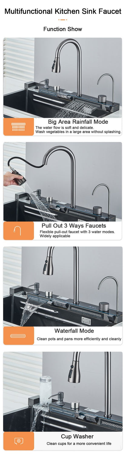 304 Stainless Steel Kitchen Sink with Digital Display Waterfall Faucet, Multifunctional 75*45cm Large Single Slot Whale Sink